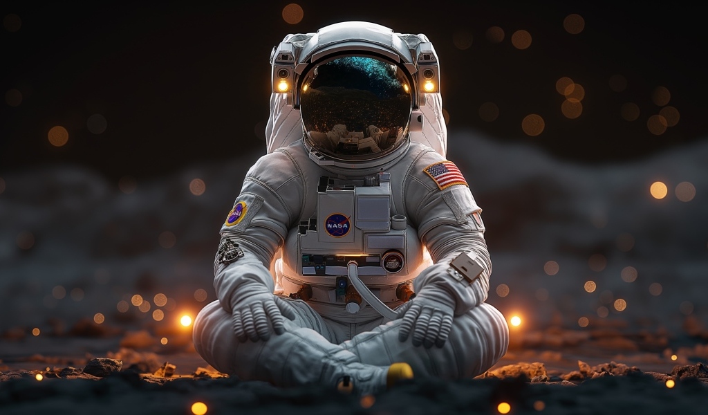 Астронавт сидит в позе для медитации на поверхности планеты