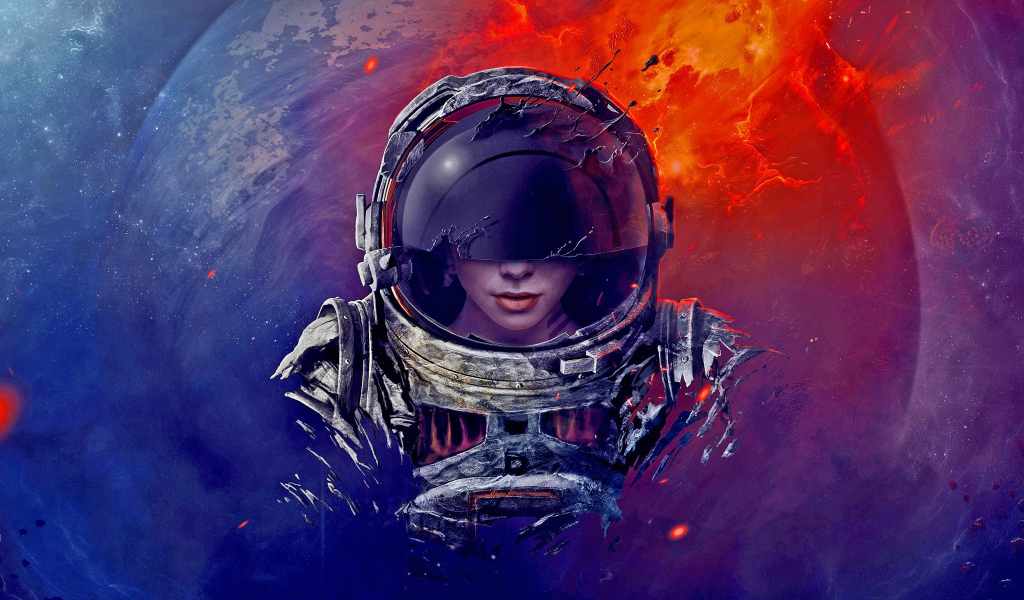Девушка астронавт в скафандре на фоне планеты