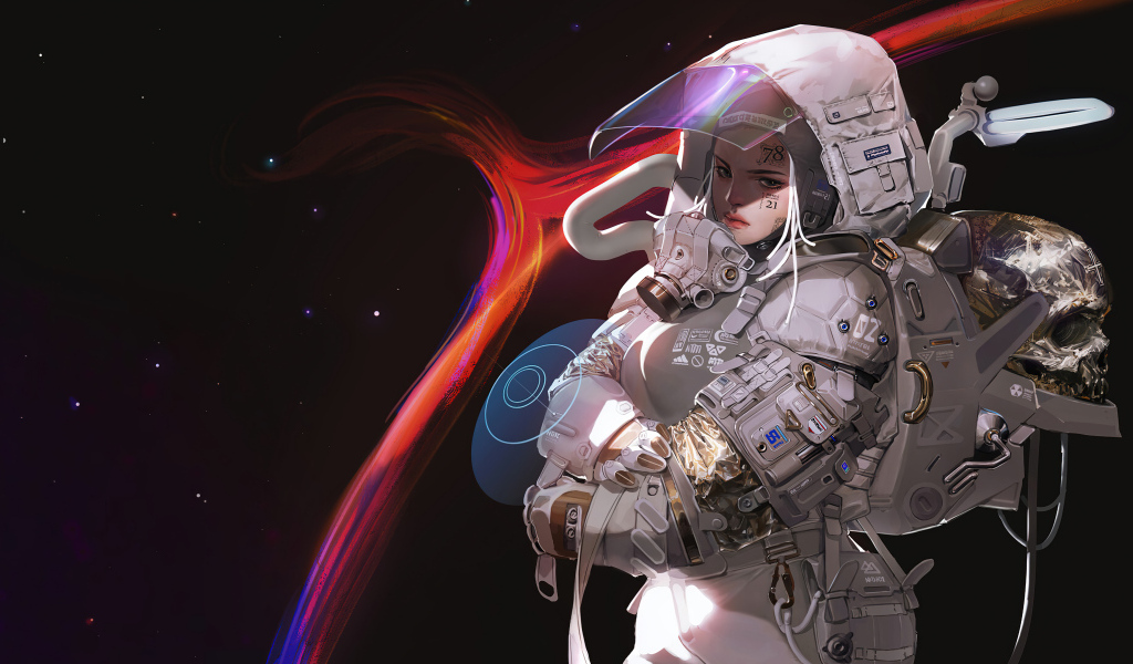 Девушка астронавт в скафандре в космосе