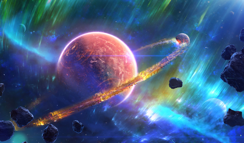 Большая планета с кольцами в космосе с астероидами