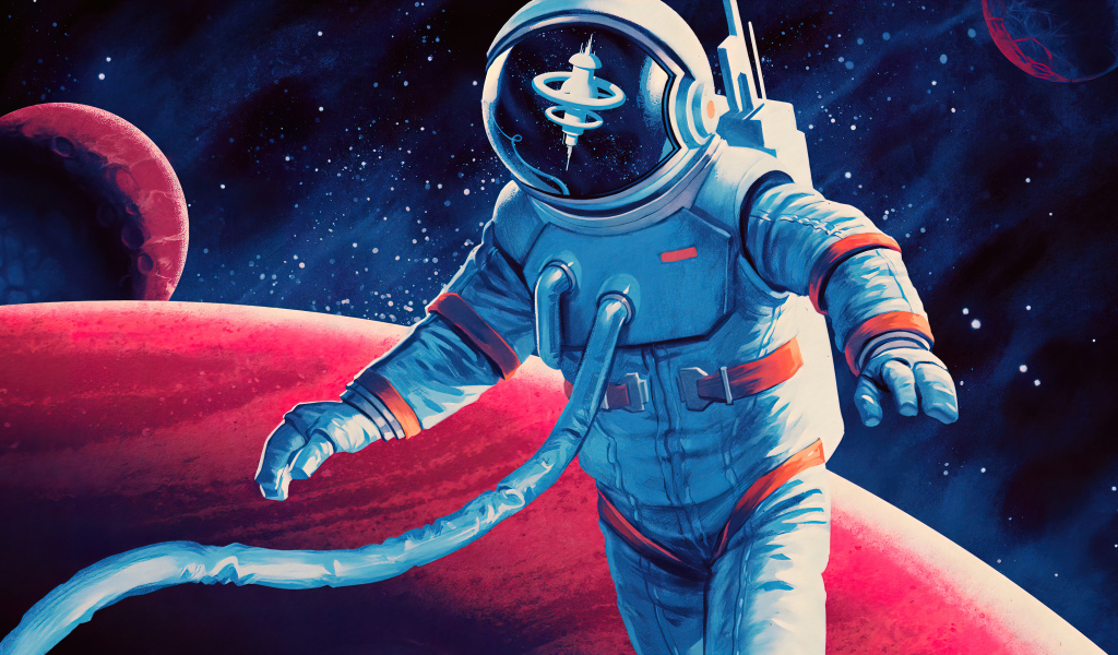 Мужчина астронавт в скафандре на фоне красной планеты