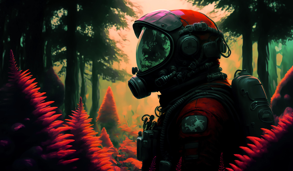 Мужчина астронавт в скафандре в лесу