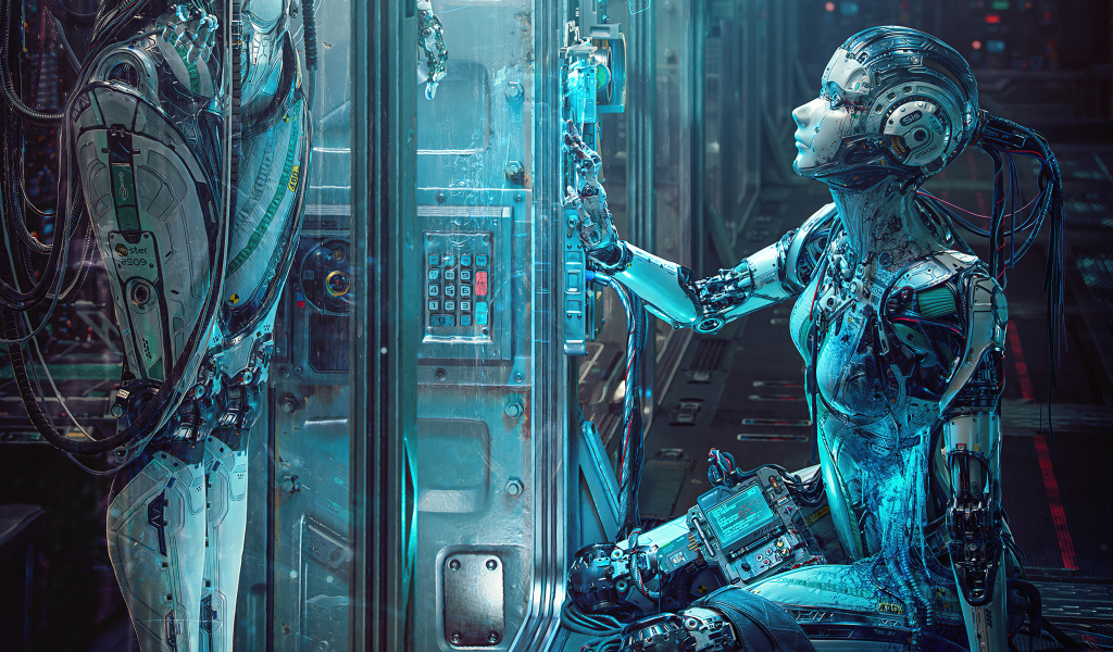 Девушка робот на космическом корабле