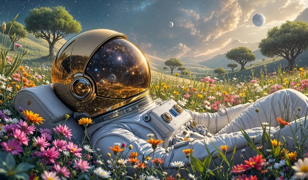 Космос отражается в шлеме астронавта лежащего на поле с цветами