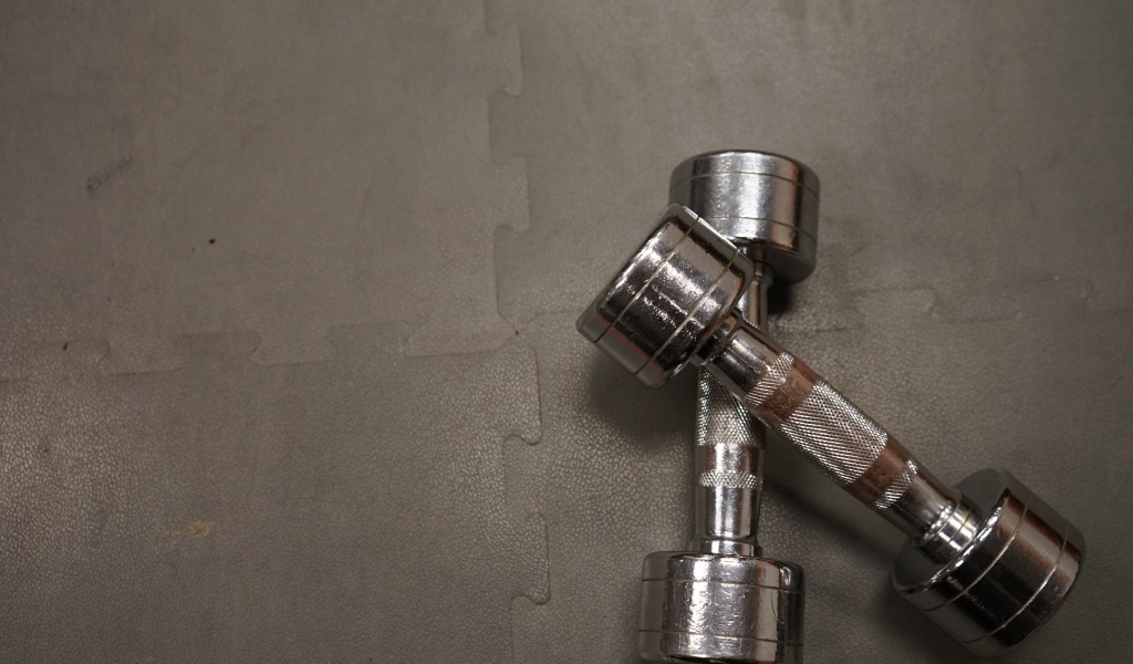 Две железные гантели на сером фоне