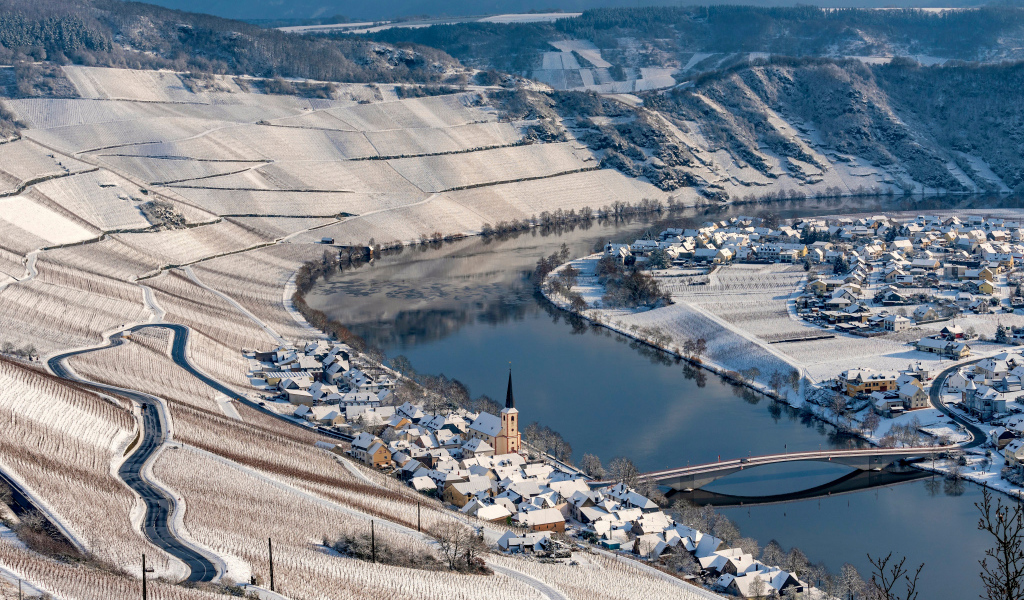 Дома и поля у реки зимой, Германия