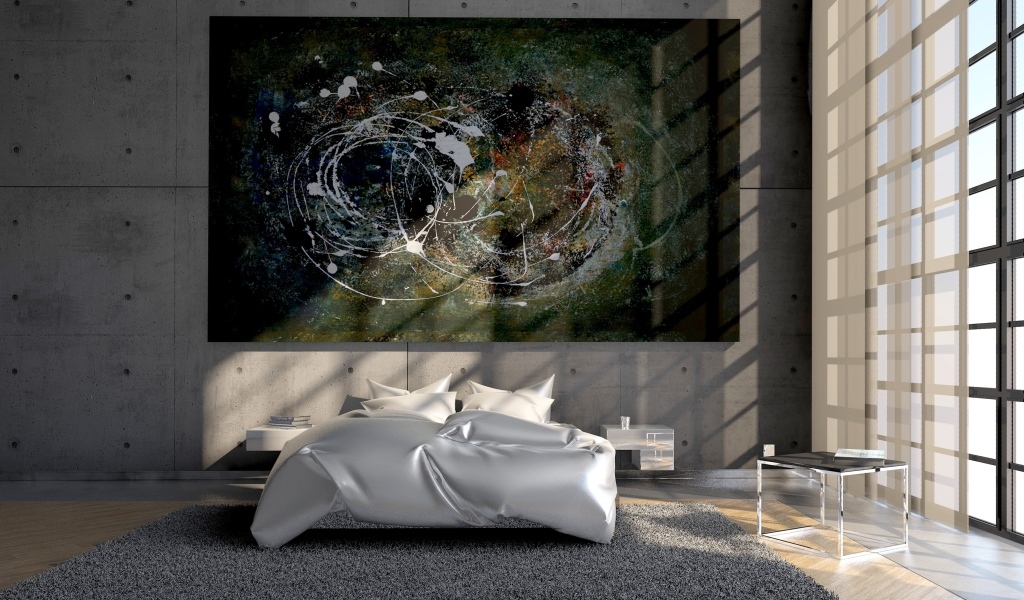Абстрактная картина на стене в спальне с большим окном