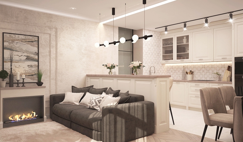 Светлая гостиная с камином и кухней