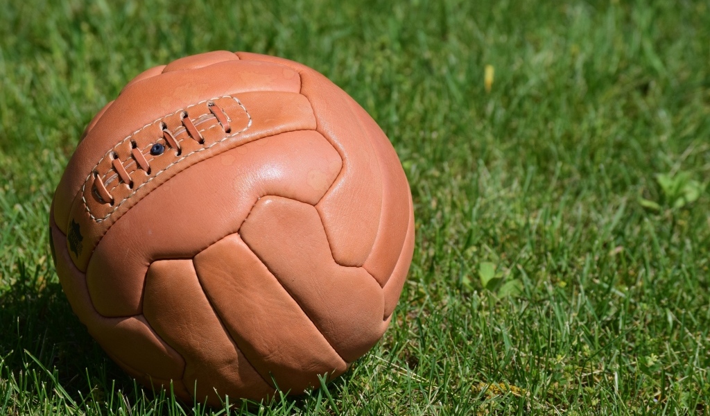 Коричневый кожаный мяч на зеленой траве 