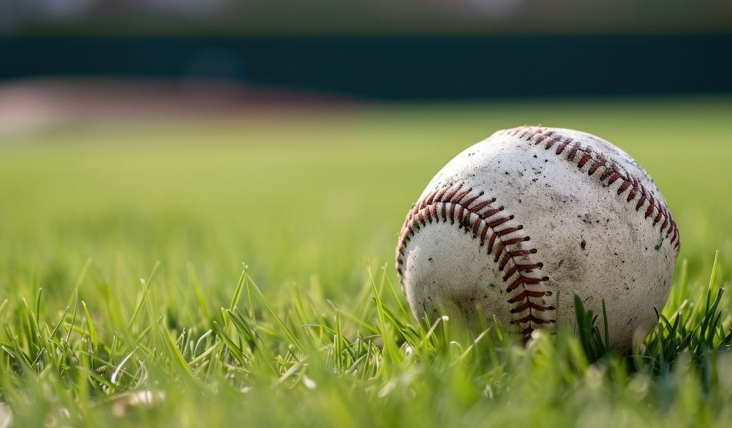 Грязный бейсбольный мяч на зеленой траве на поле
