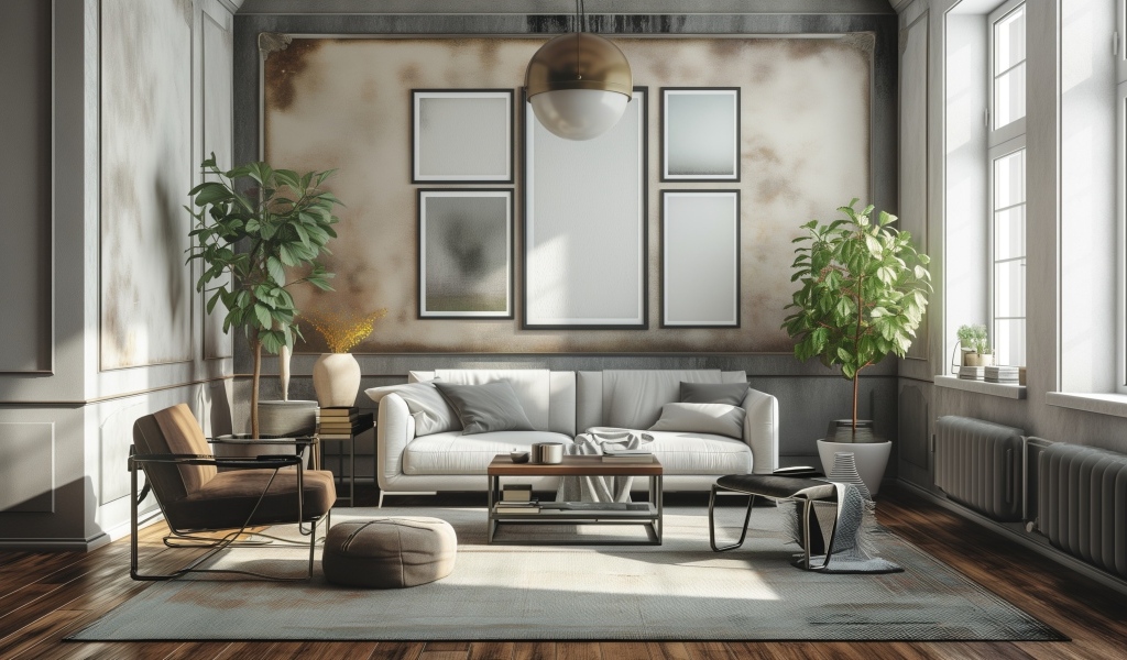 Большой серый диван в комнате с картиной на стене