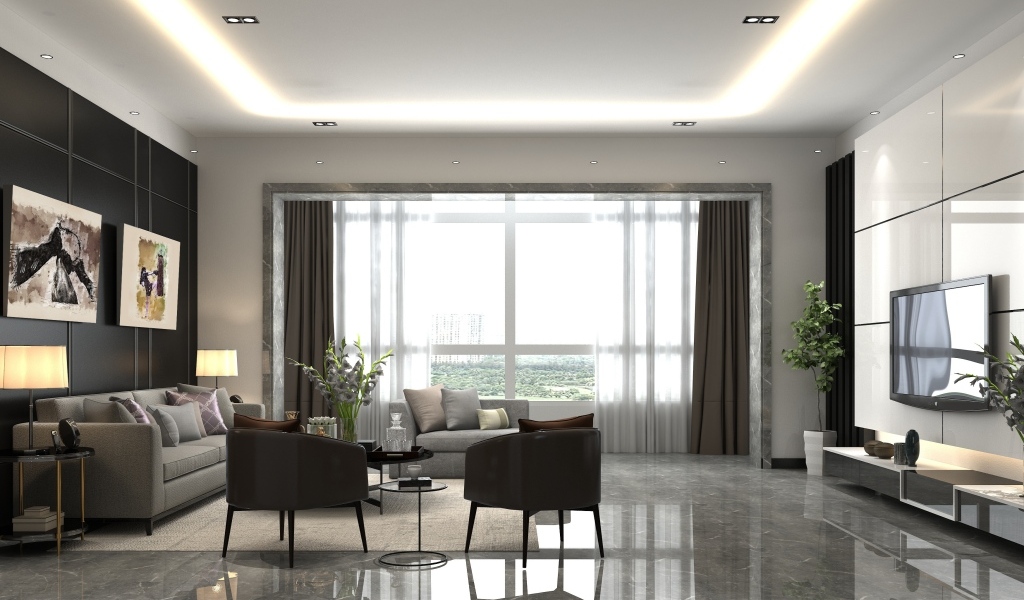 Большое окно в комнате с телевизором и мебелью 