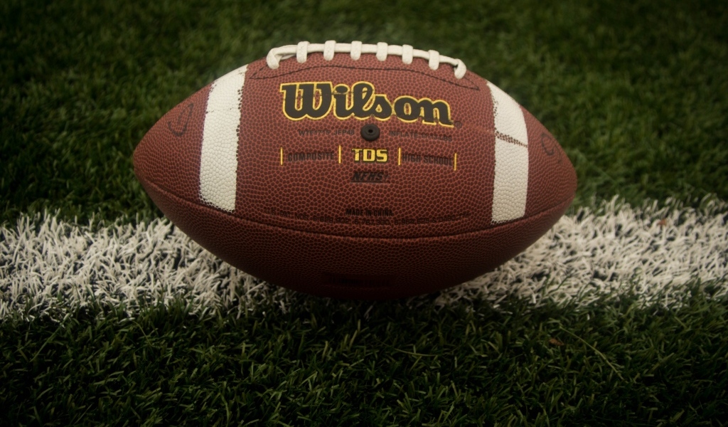 Кожаный мяч для американского футбола на зеленой траве