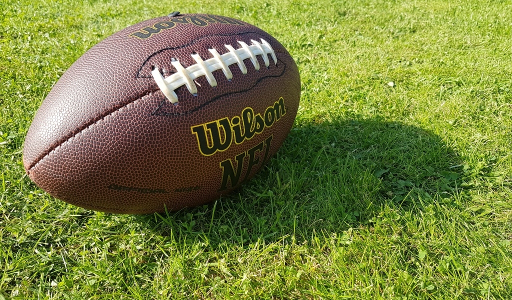 Кожаный мяч для американского футбола на зеленой траве