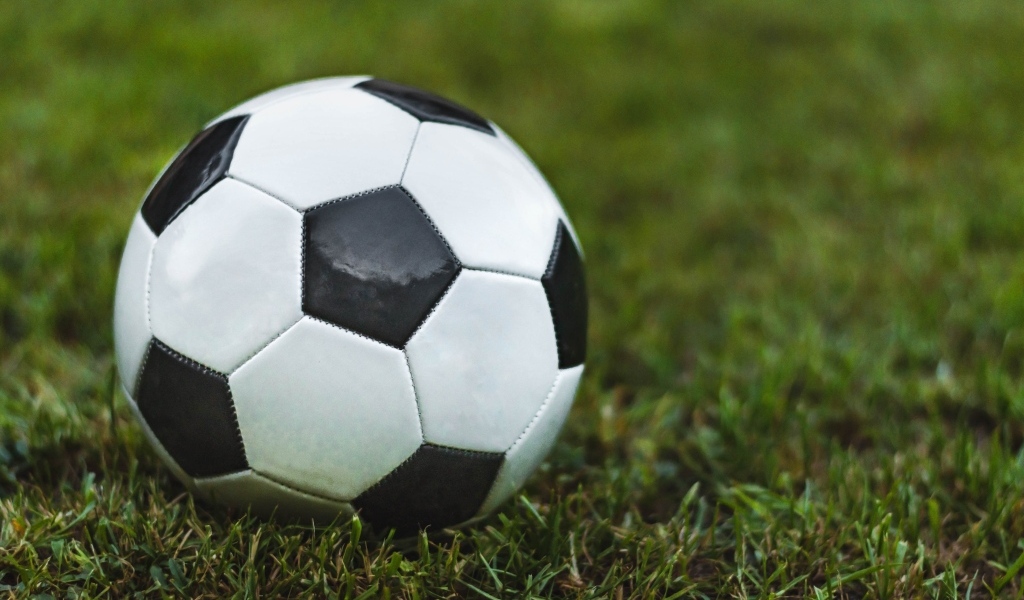 Футбольный мяч лежит на зеленой траве 