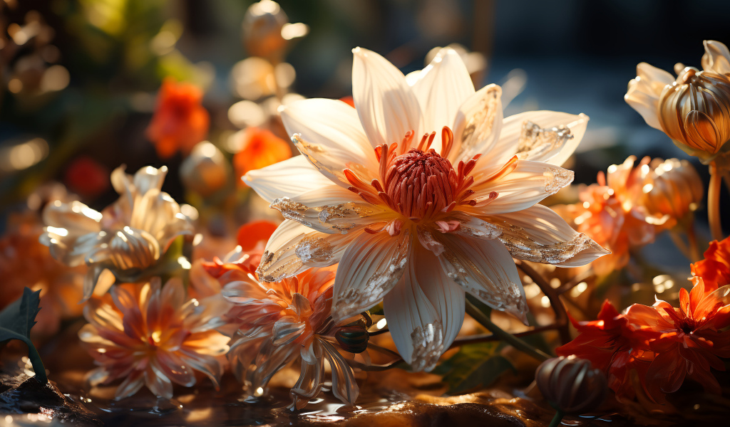 Распустившийся необычный цветок в воде с бутонами