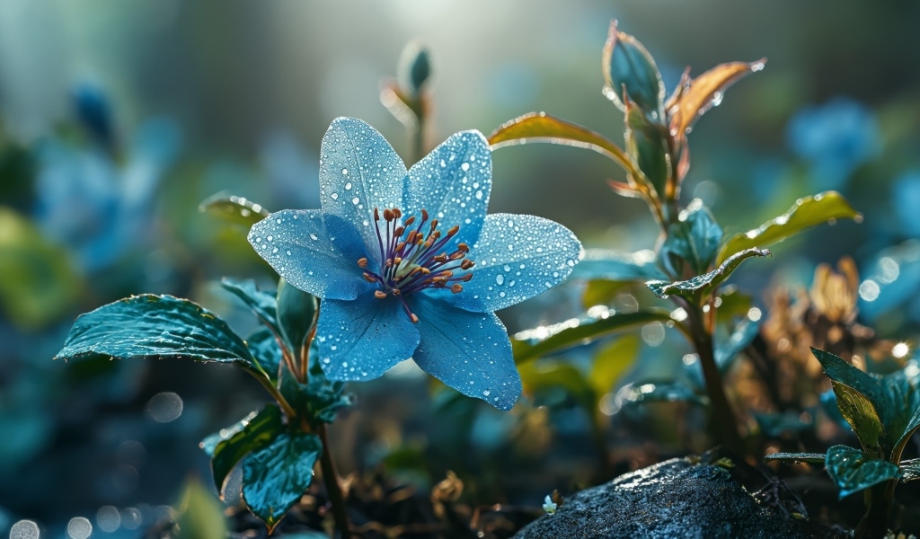 Синий цветок с бутонами в каплях росы