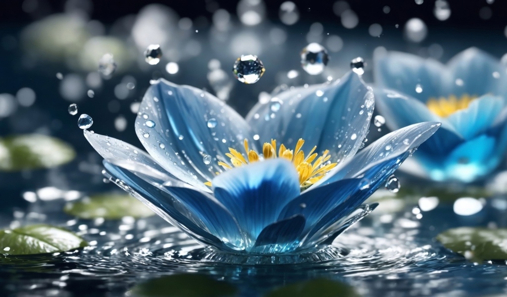 Капли дождя летят на красивый синий цветок