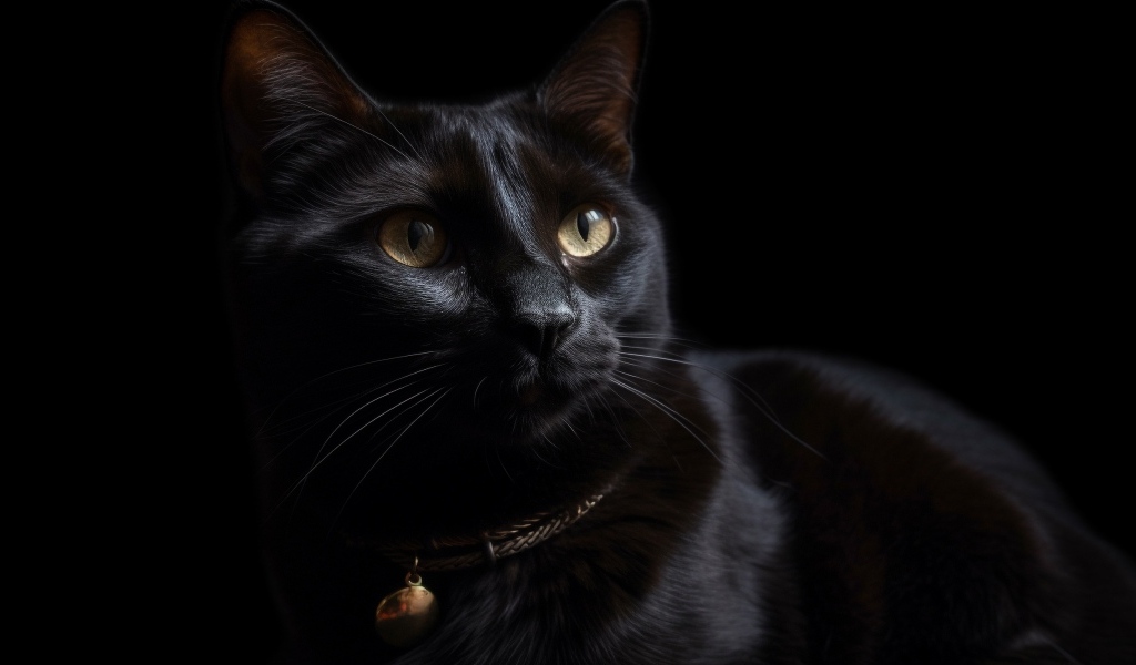 Красивый черный домашний кот с ошейником