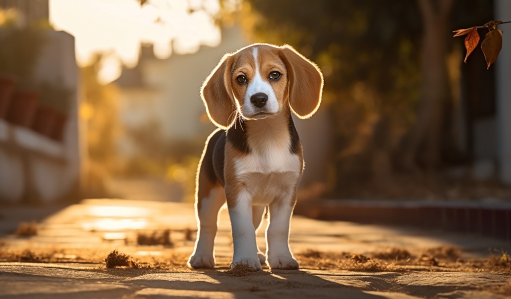 Щенок бигля стоит на дороге