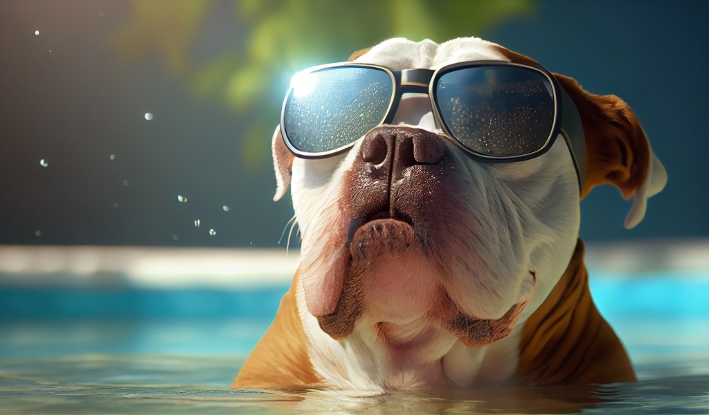 Бульдог в очках сидит в воде