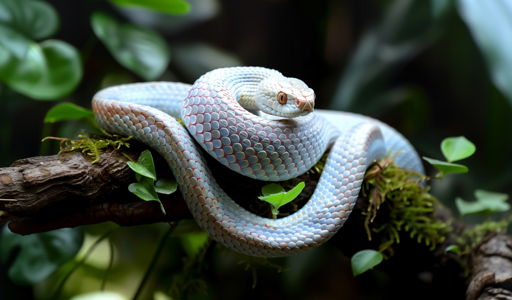 Большая голубая змея на ветке дерева