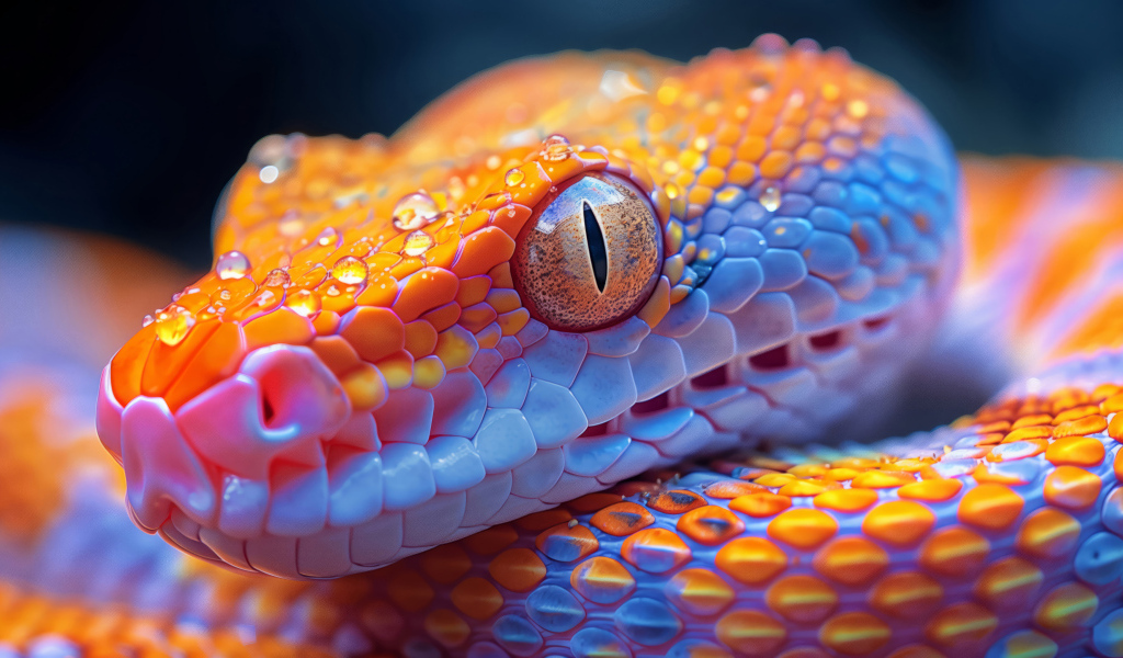 Большая оранжевая змея в каплях воды