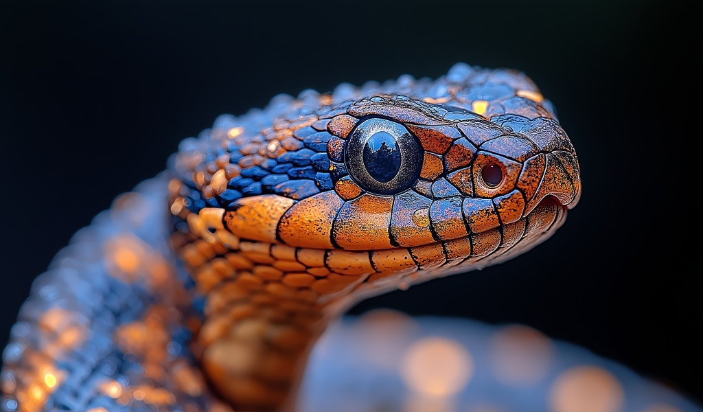 Голова змеи с большими глазами на черном фоне