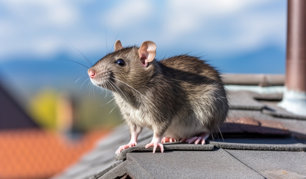 Серая крыса сидит на крыше