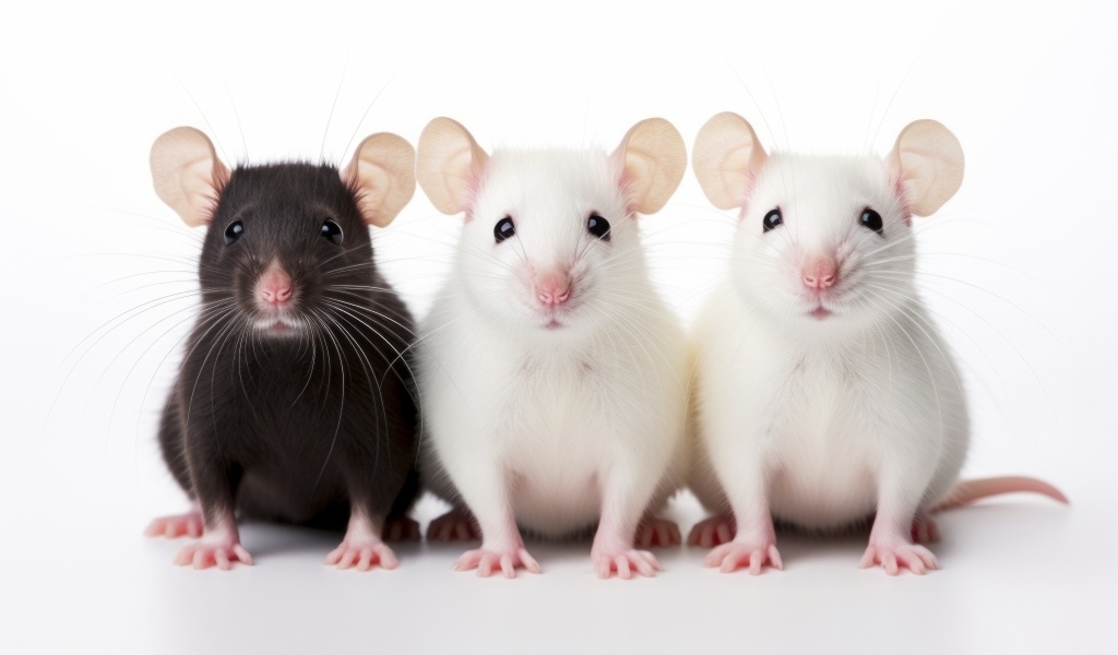 Две белые и коричневая домашние крысы