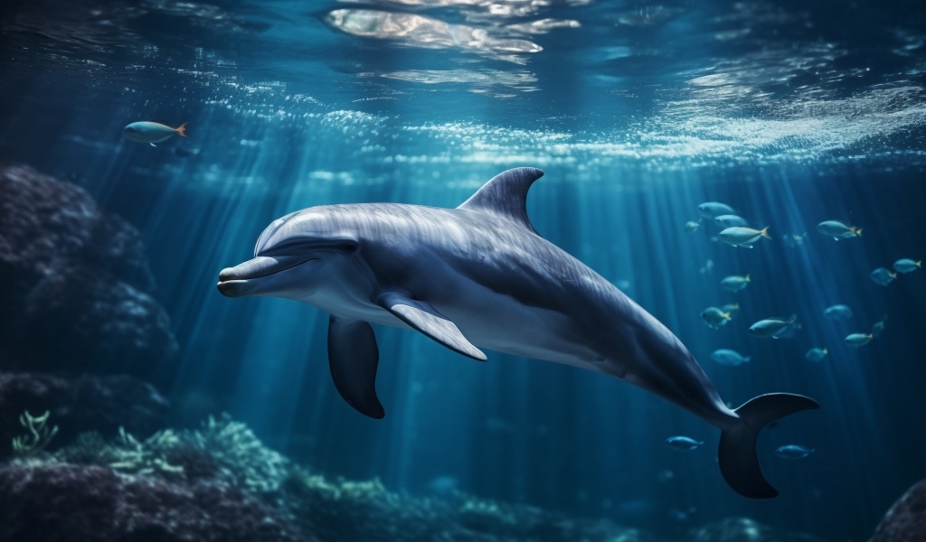 Красивый дельфин под водой в лучах солнца