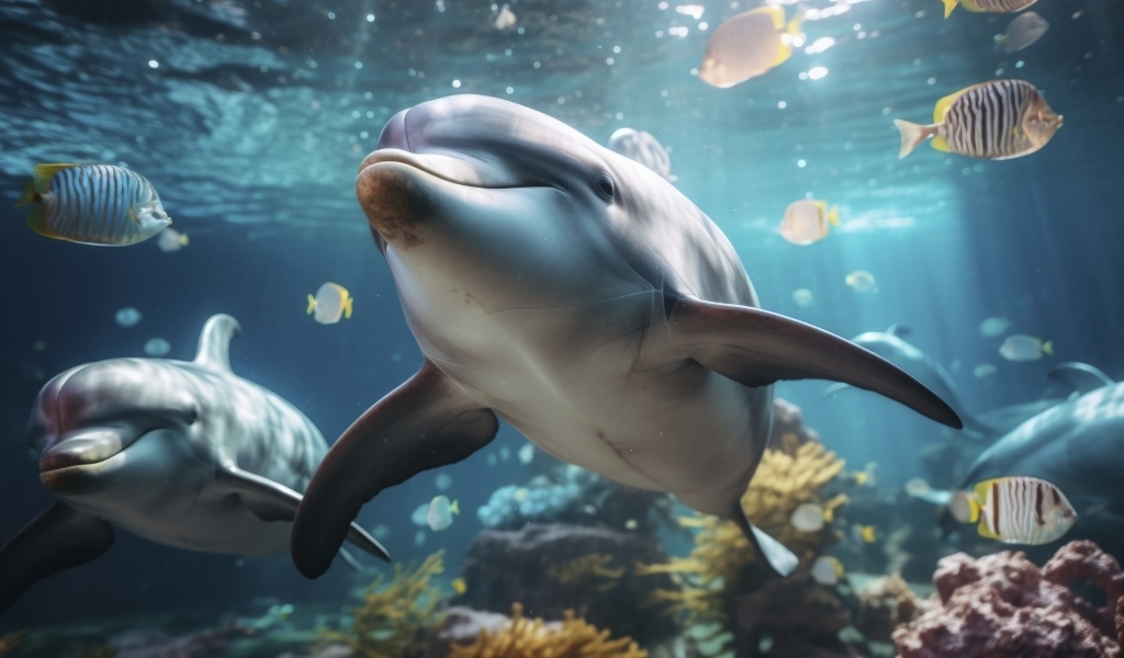 Дельфины и рыбы под водой