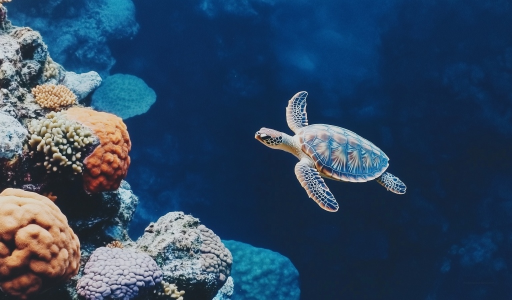 Маленькая черепаха под водой у коралл