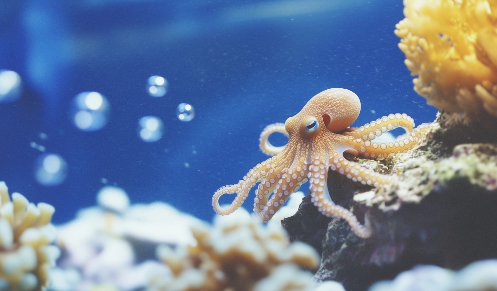 Осьминог у камня под водой