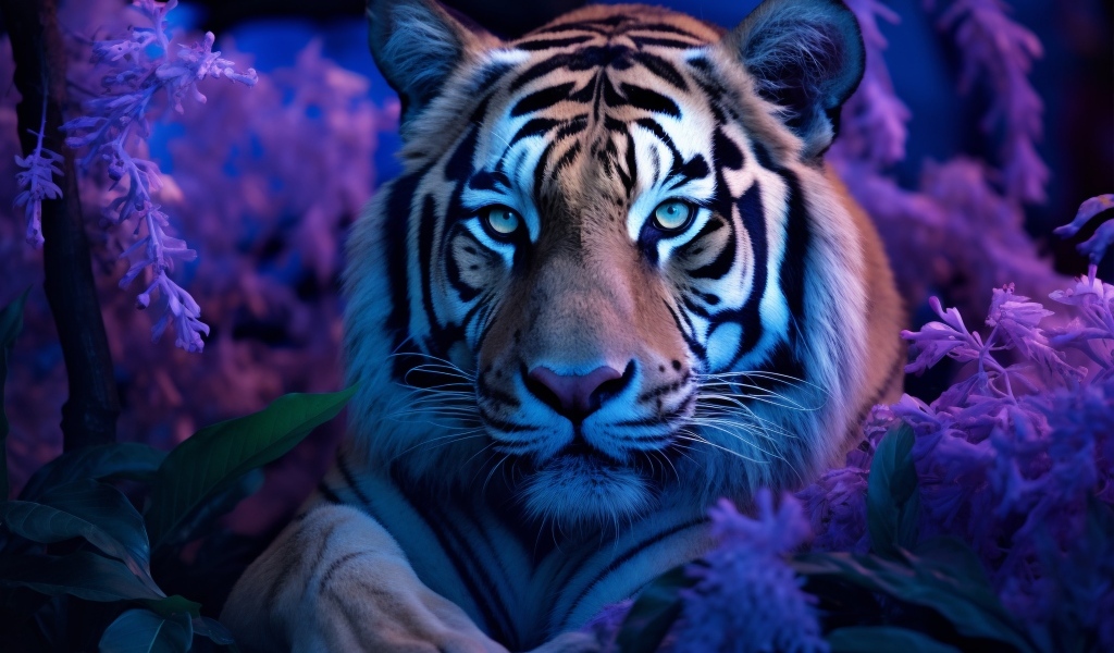 Большой полосатый тигр в цветах