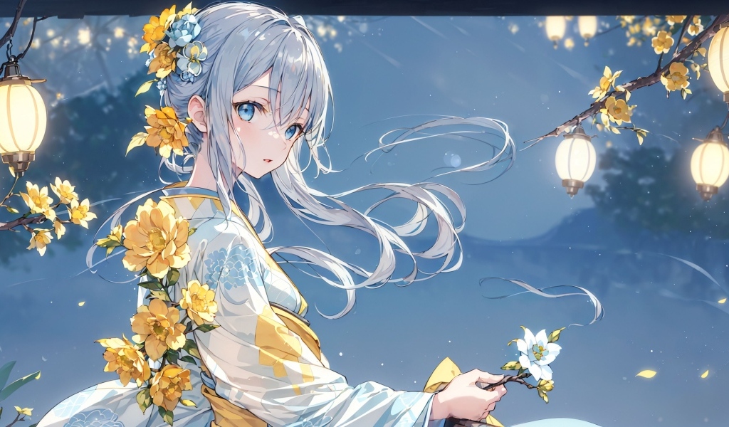 Девушка аниме украшена желтыми цветами