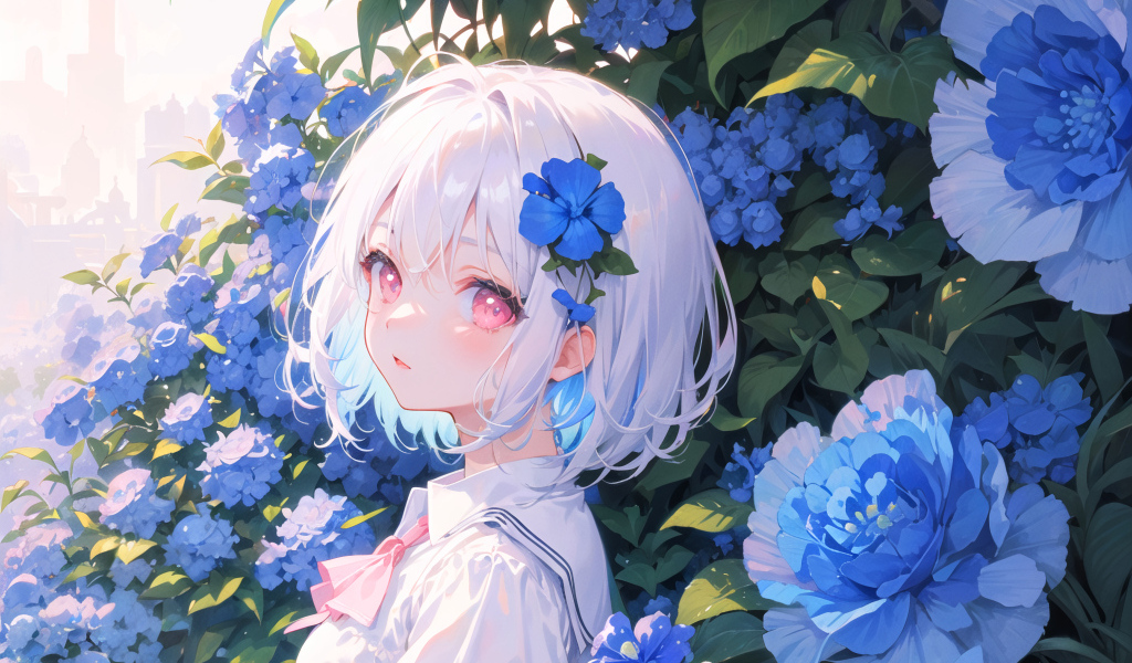 Девушка аниме на фоне голубых цветов