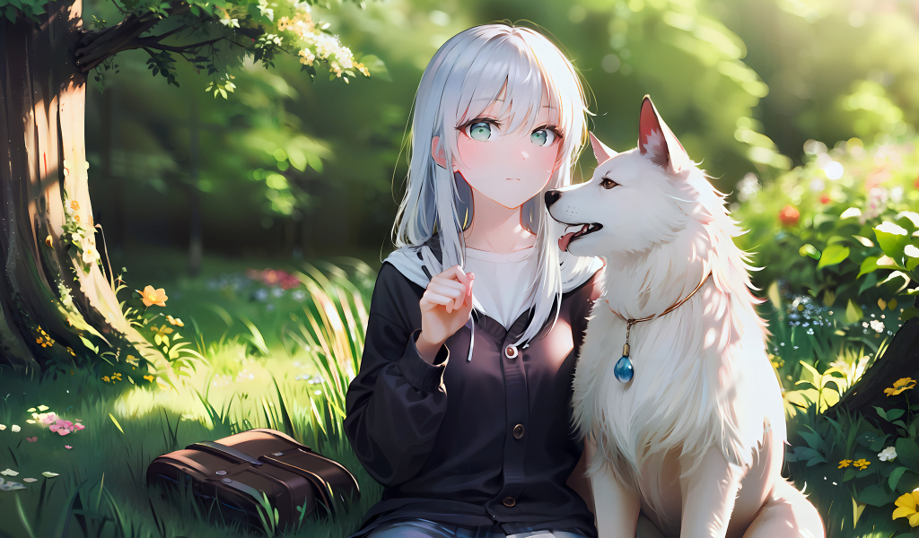 Девушка аниме с белой собакой в парке