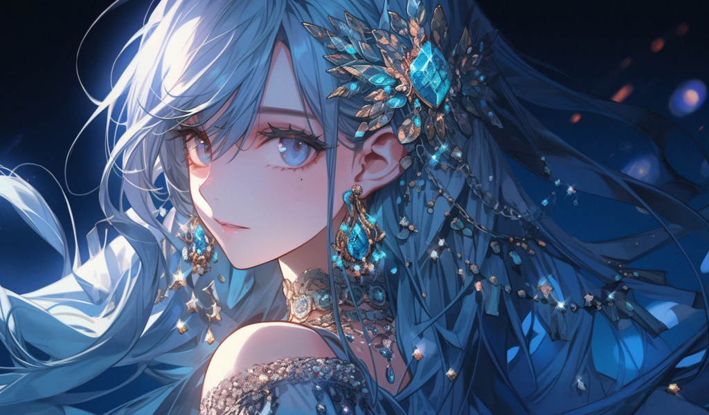 Девушка аниме с синими волосами с драгоценными камнями