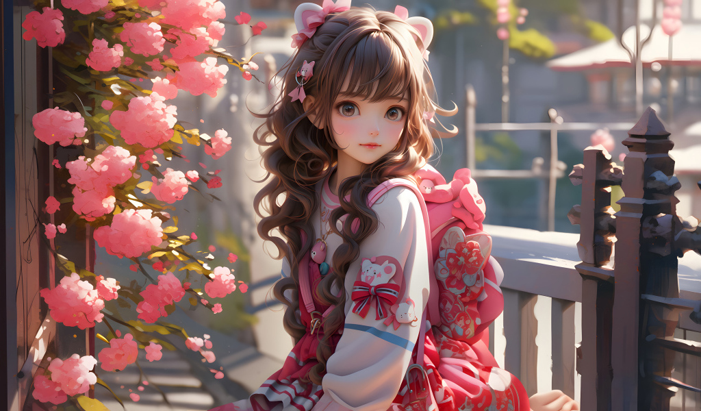 Милая девушка аниме с розовыми цветами