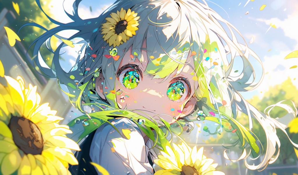 Зеленоглазая девочка аниме с подсолнухами