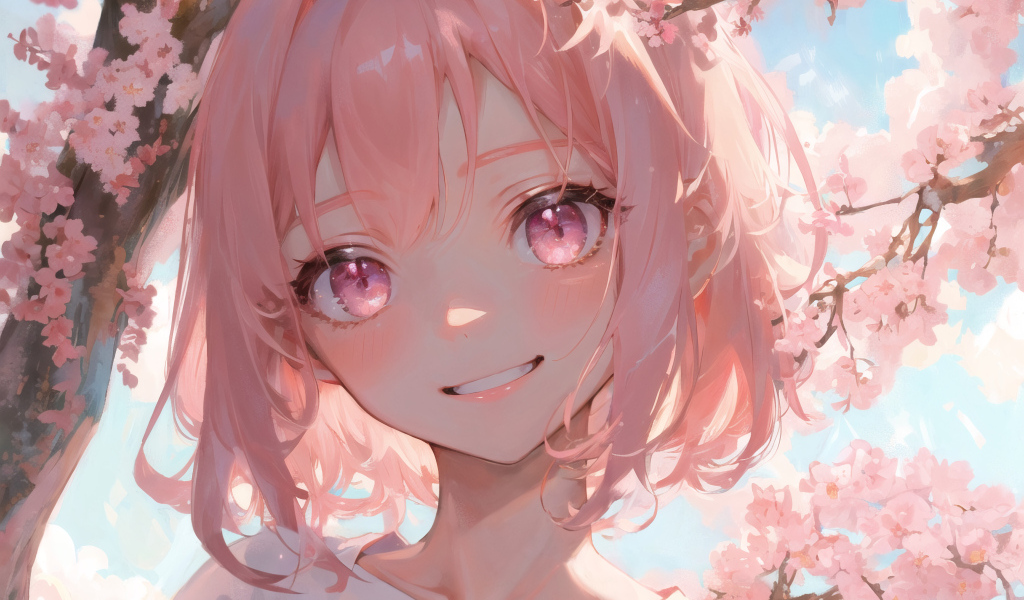 Улыбающаяся девушка аниме с розовыми волосами на фоне цветов