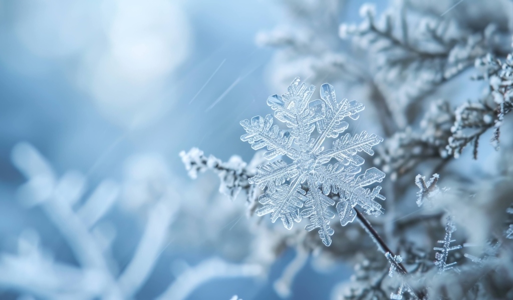 Снежинка на ветке макросъемка