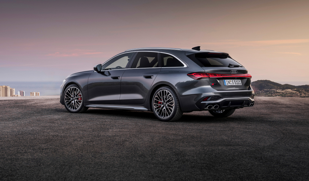 Вид сбоку на серый автомобиль Audi S5 Avant TFSI quattro 2024 года