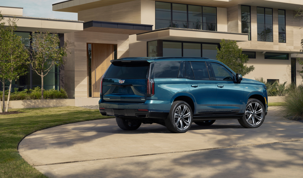 Синий внедорожник Cadillac Escalade 2025 года вид сзади