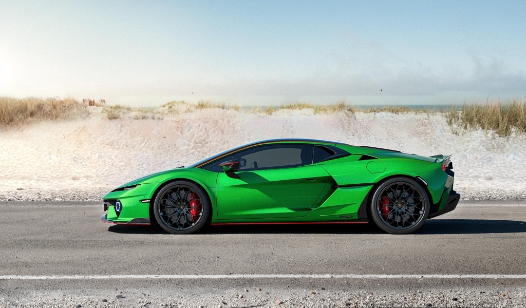 Спортивный зеленый автомобиль Lamborghini Temerario Alleggerita вид сбоку