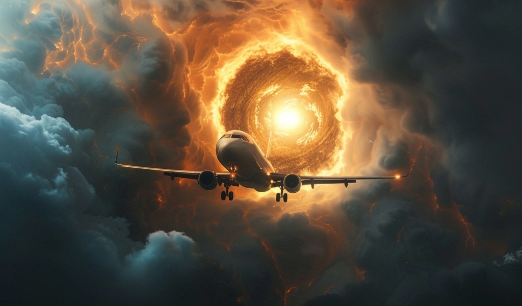 Пассажирский самолет затягивает в ураган