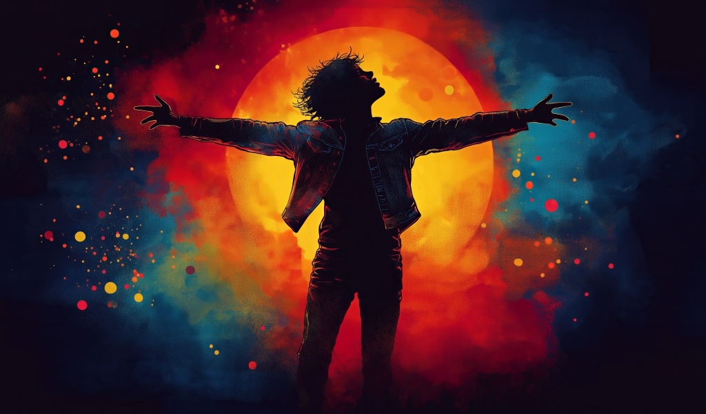 Нарисованный мужчина на фоне огненной луны