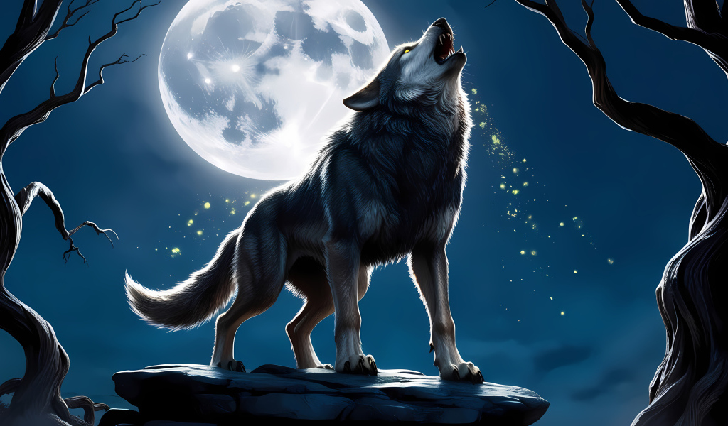 Нарисованный волк воет на луну