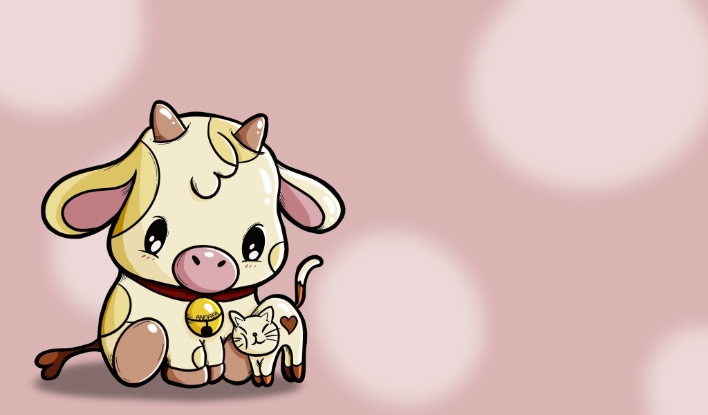 Нарисованный теленок с кошкой